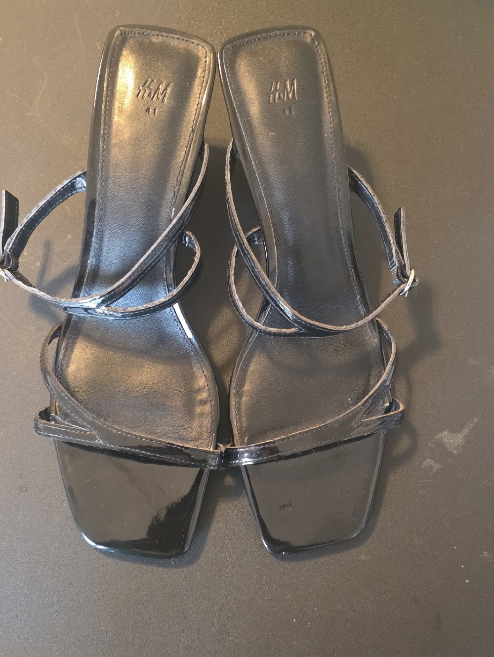 H&M Patent Black Square-Toe Strappy Heels
